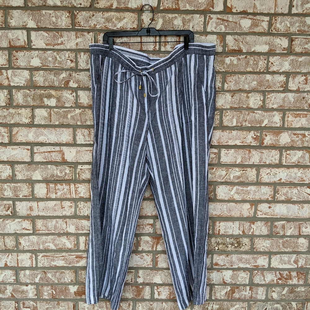Ellen Tracy Blue White Striped 100% Linen Pants 1X